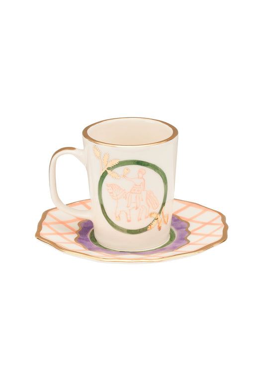 HORSEMAN TEA CUP AND WHITE SAUCER SET