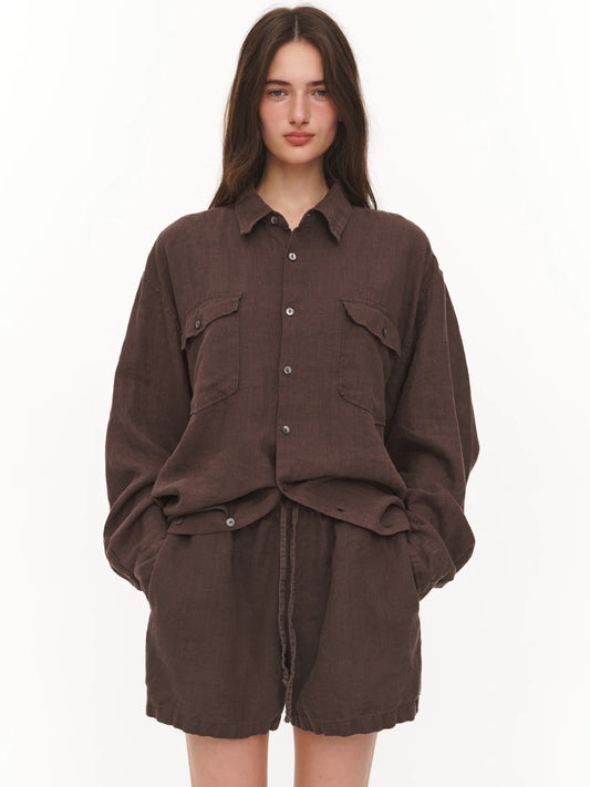 OVERSIZE LINEN SHIRT BROWN