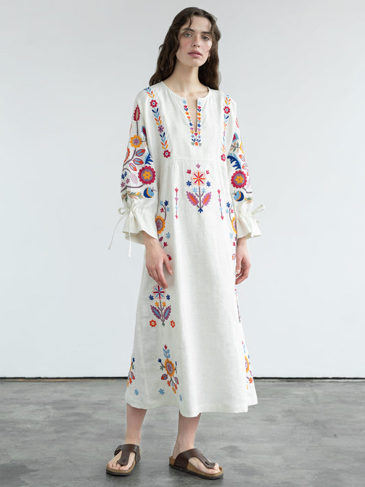 WHITE LINEN DRESS WITH FLORAL EMBROIDERY SOBACHKO